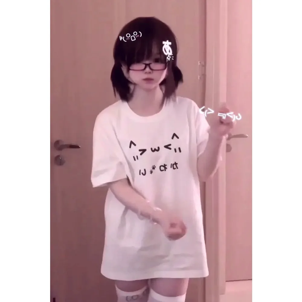 T-shirt Giapponese Kawaii 2026 con Stampa Bianca, Maglietta Estiva Casual a Maniche Corte Stile Harajuku, Top Vintage Divertente Estetica Y2K