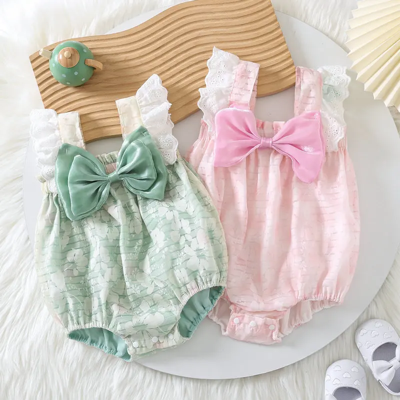 Cute Big Bow Straps Romper Bodysuit for Newborn Girl Breathable Cotton Lining Trendy Outfit for Baby Photos & Outdoor Activities