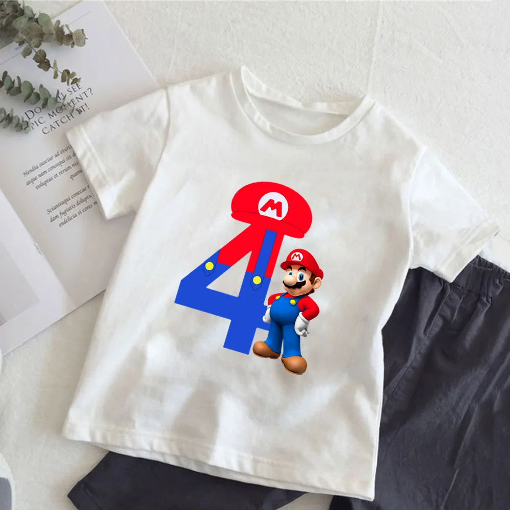 Super Mario T-shirt  Anime Birthday Lucky Number Print T Shirt Cute Children Clothing Tops Toddler Tees Casual Clothes Tops Tees