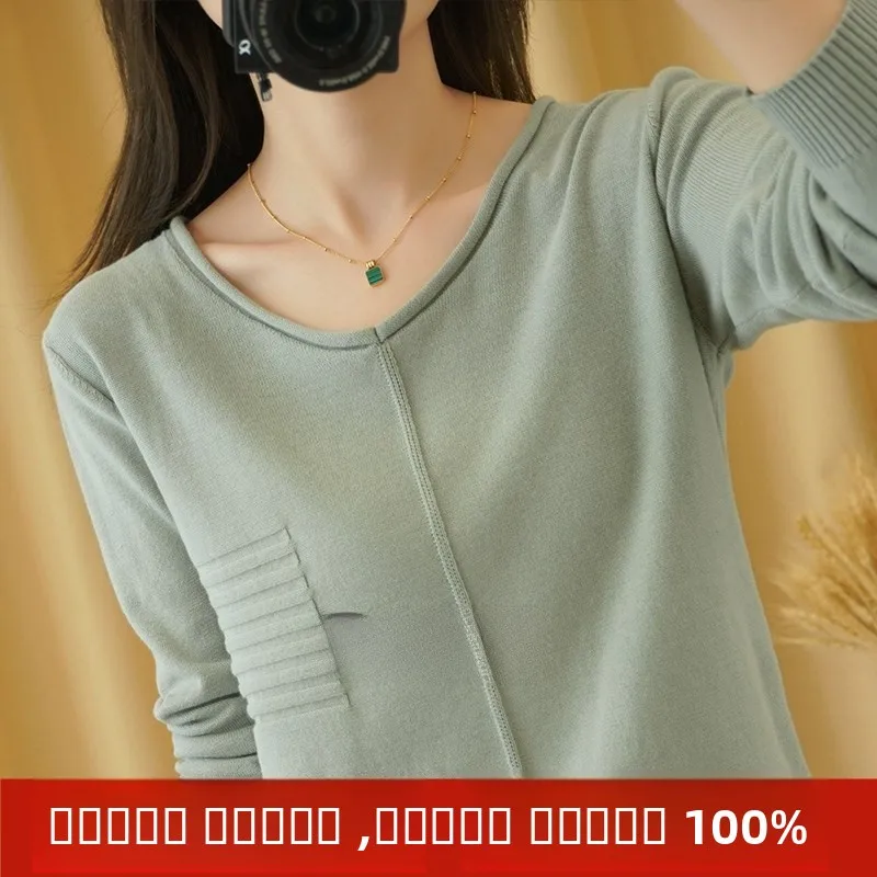 

Slimming ort Sve Long Sve Thin Knitted Cotton Sweater All-Match Basic V-Ne Korean Sle Commute Cotton Knitwear