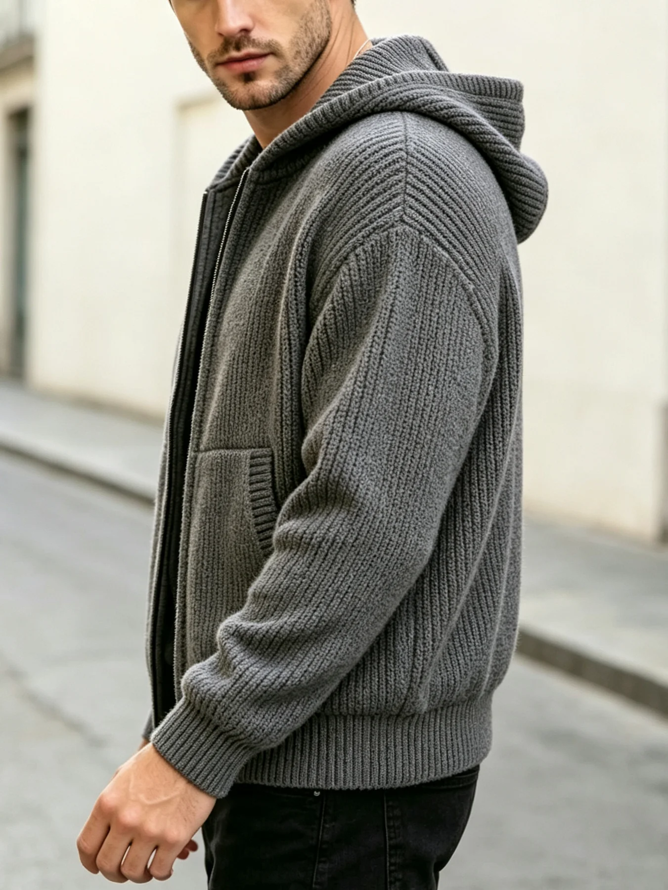 Men Full Zip Hooded Knit Cardigan Loose Ribbed Knitted Jacket With Pockets Long Sleeve Solid Color Streetwear Autumn Winter Men