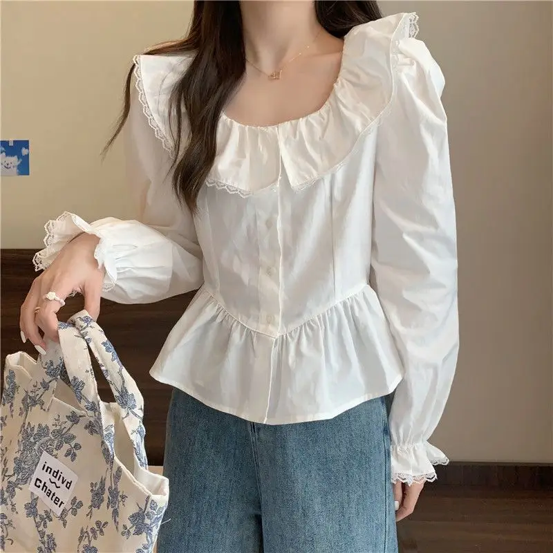 Shirt Doll Collar Ruffled Pure Cotton Spring Style Sweet Age-Reducing Loose Slimming Super Fairy White Shirt