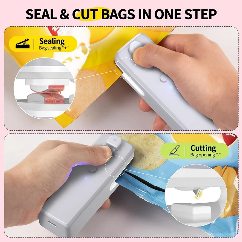 เครื่องซีลปากถุง, 3 In 1 Mini Bag Sealer ความร้อนซีลพร้อมเครื่องตัดและแม่เหล็ก, ชาร์จ Mini Chip Bag เครื่องซีลสูญญากาศสีเทาทนทาน