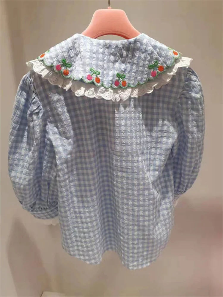 Sweet Plaid Women Shirts Peter Pan Collar Summer Puff Sleeve Embroidery Blouses Fashion 2024 Loose  Korean Blouse Tops