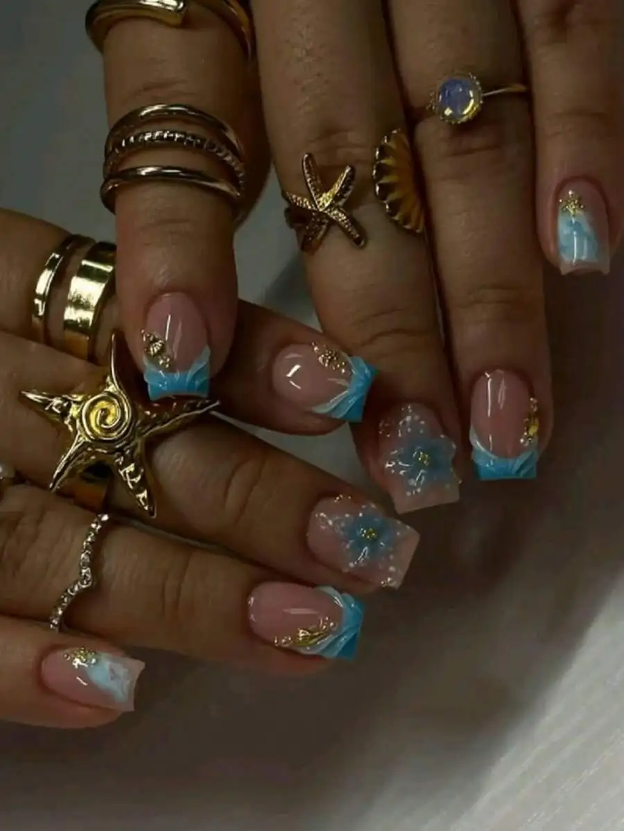 

24pcs Short Square Press-On Nails for Spring Summer – Blue Ombre French Tips with 3D Flowers Starfish Shells Pearls – Party Dail