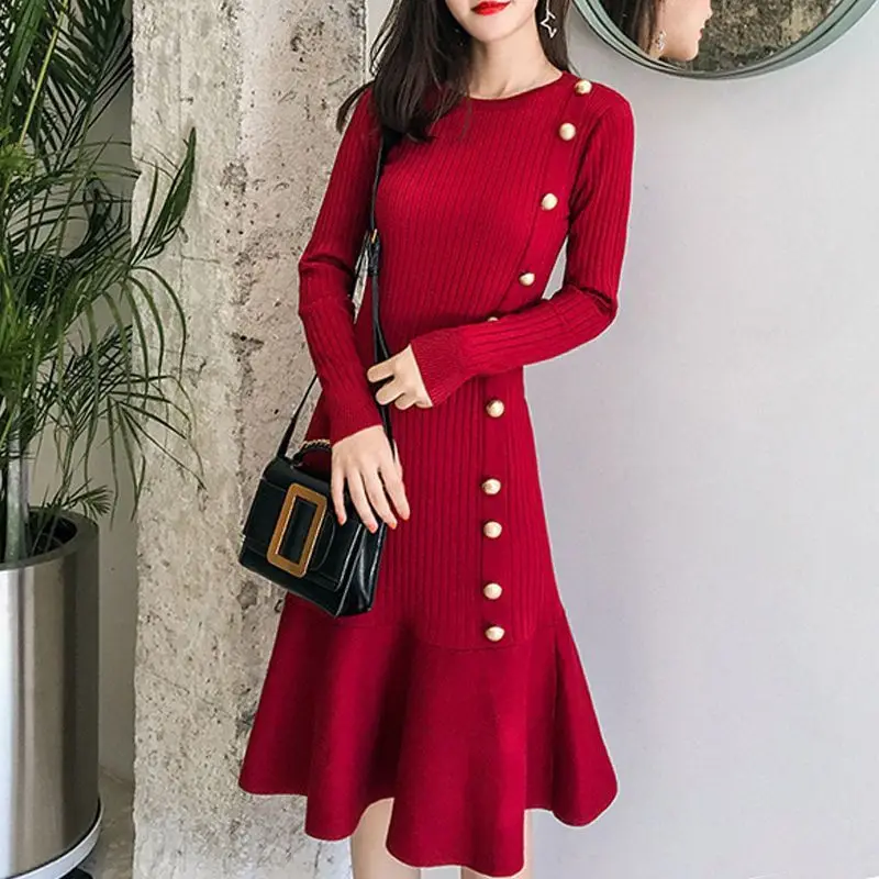 

Women's Knitted Fishtail Slim Red Dress, Long Sleeve, O-Neck, High Waist, Slim, Elegant Party Dresses, Korean, Autumn, Winter,