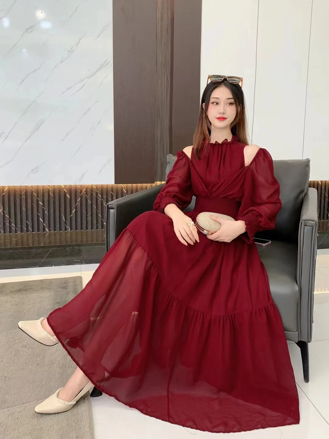 2023 New Spring Autumn Women Off Shoulder Long Sleeve Slim Long Dress High Quality Elegant Big Hem Prom Dress Party Outfits