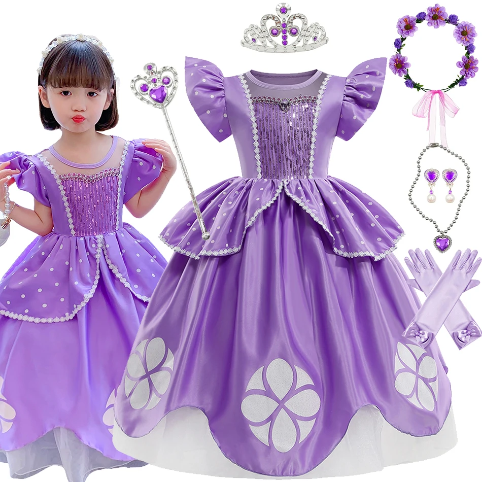 Little Princess Sofia Dress Girls Purim Fancy Outfits Disney Cartoon Role Playing Costume Children Purple Sequin Fluffy Frock