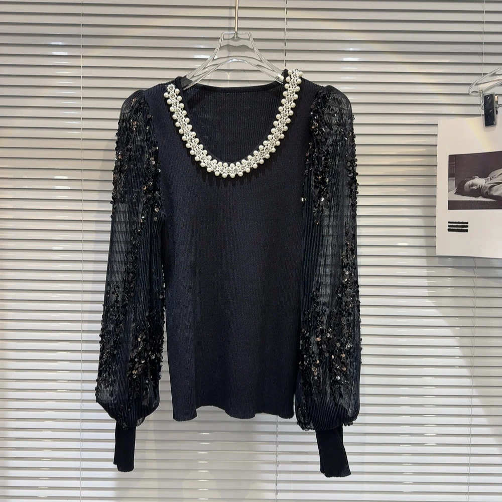 

Autumn Winter New Fragrant Wind Pearl Nail Bead Collar Edge Sequin Chiffon Sleeves Knitted Sweater