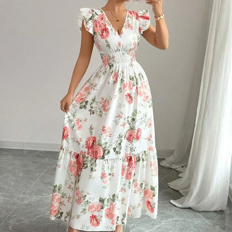 Elegante Boho Abito lungo da donna Sexy senza maniche con scollo a V Stampa floreale Orlo Gonna da spiaggia Vestito estivo Abiti da sera maxi Abiti