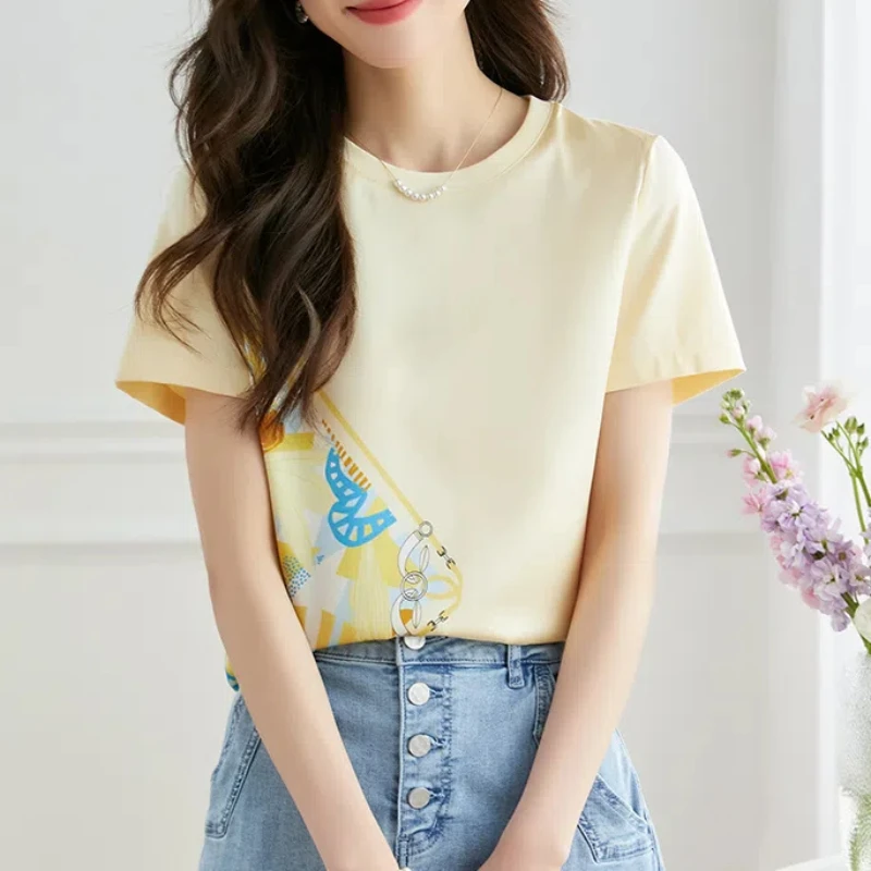 

New Summer Women's Solid Colors O-Neck Short Sleeve Loose Thin Printed Korean Pullovers Fashion Casual Commute All-match Tops