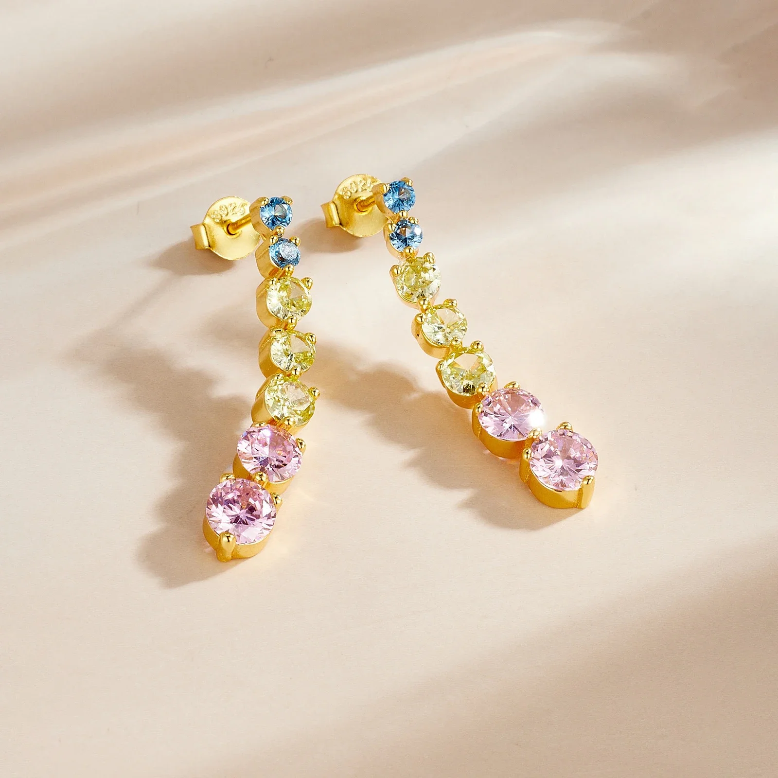 ANDYWEN 925 Silver Gradient Macaron CZ Long Drop Stud Earrings, Blue Green Pink Color Stud Pair, Hypoallergenic Gift Box