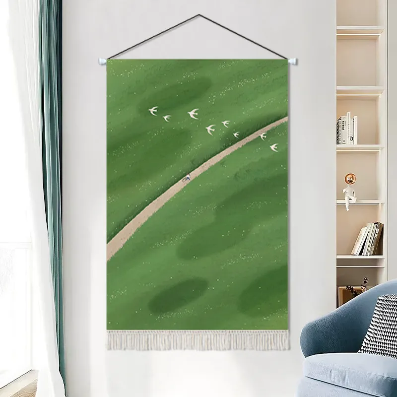 Japan Anime Style Tapestry Wall Hanging - Green Meadow Landscape Art Aesthetic Room Decor for Living Bedroom Healing Wall Decor
