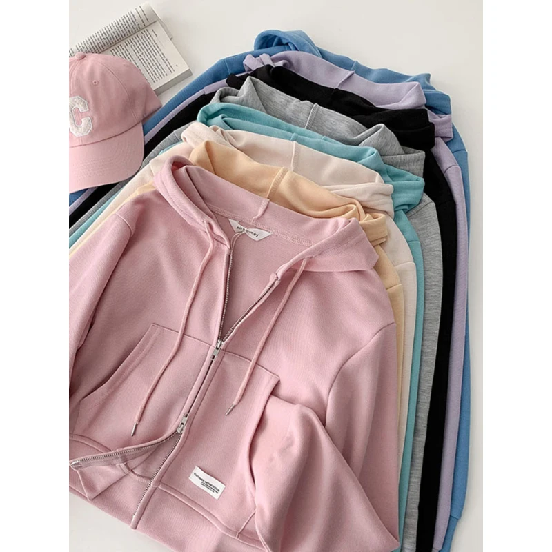 

2023 Spring Autumn Thin Hooded Hoodies Short Solid Color Double Zipper Cardigans Korean Style Drawstring All-Matched Outerwear