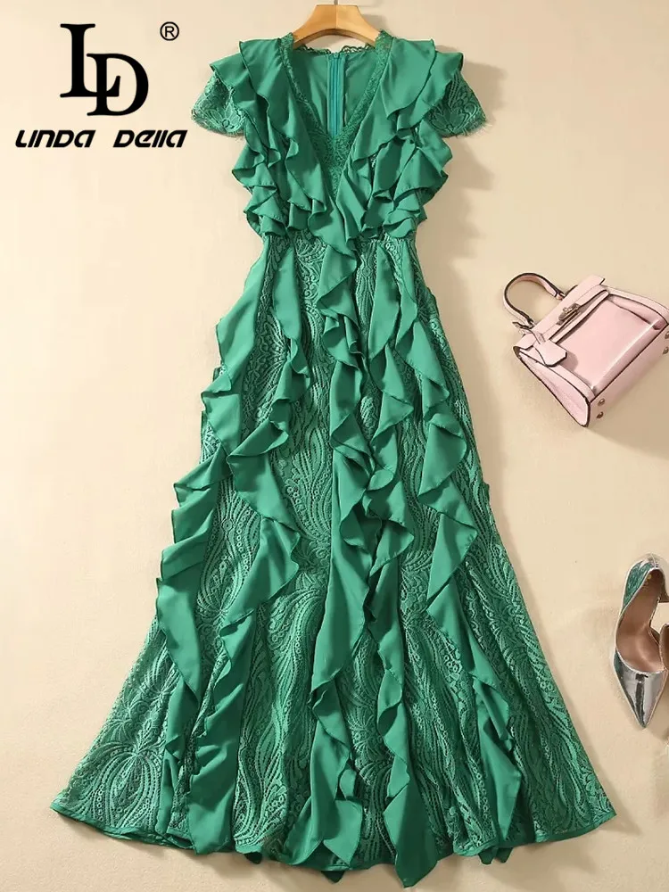 Imagem -04 - Linda Della-vestido Preto com Decote em v Feminino Gravado em Relevo Listrado Oco Estilo Italiano Luxo Verão Novo ld