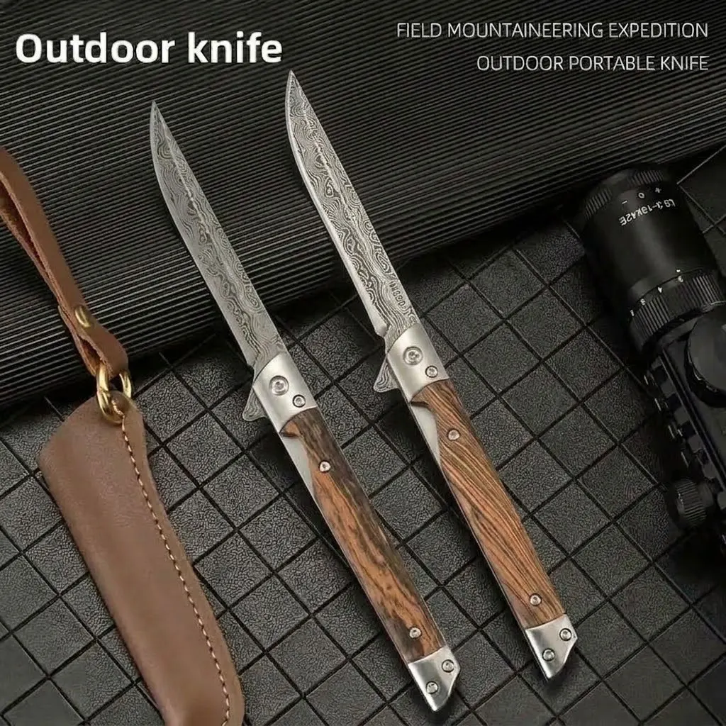 New Damascus Pattern Stainless Steel Camping Fruit Knife,Portable Outdoor Folding Small Knife, Easy-To-Use Outdoor BBQ Slicer