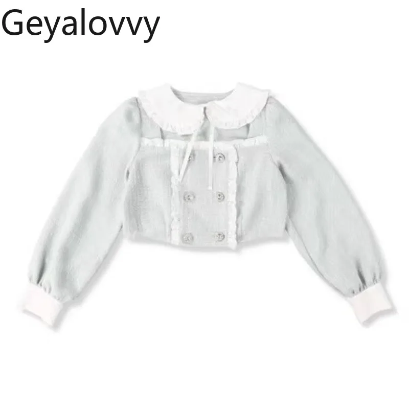 Japanese Style Autumn New Cute Sweet Cute Girls Long Sleeve Short Coat Doll Collar Versatile Fashion Double-Breasted Jacket