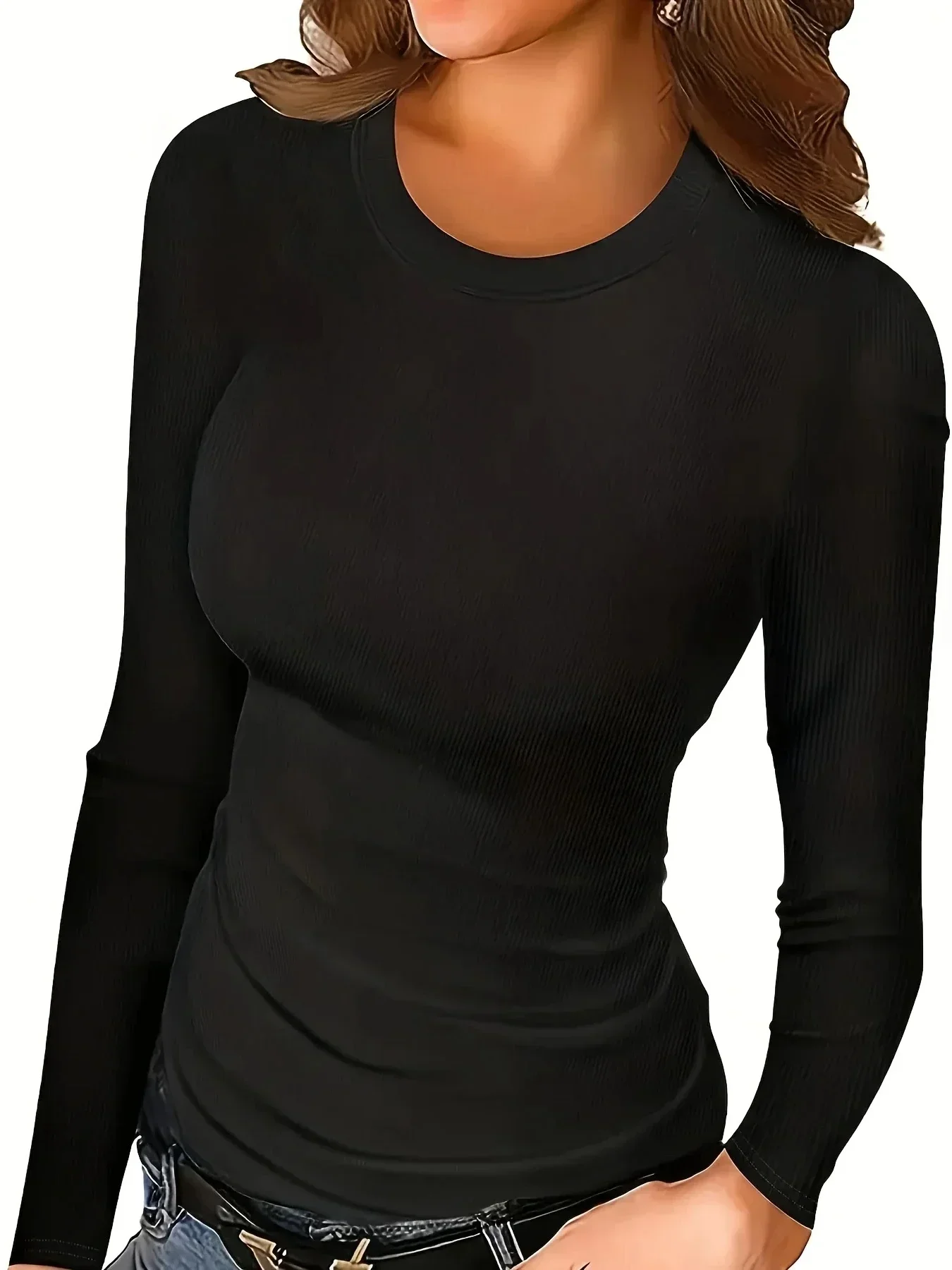 

Plus Size 1XL-5XL Women Casual Crew Neck Solid Ribbed Long Sleeve Slim T-shirt Top Women Fashion Comfort Shirt Top