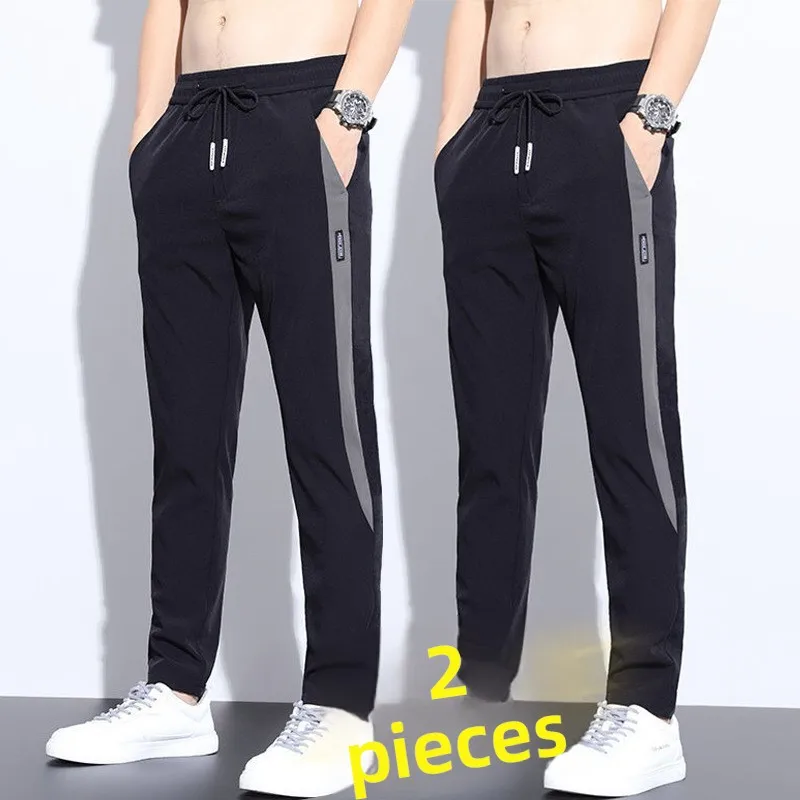 

Мужские повседневные брюки из ледяного шелка прямого кроя, летние, новые, дышащие, комфортные, модные, брендовые, с цветными вставками