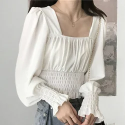 Spring Summer New Short Pleated Korean White Blouse Long Sleeve Solid Color All-match Shirt Tops Sweet Elegant Women Clothing