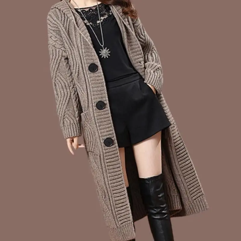 2024 Winter Large Size Hooded Mid-long Knitted Cardigan Thick Sweater Coat Solid Color Loose Over The Knee Women\'s Wear Clothing