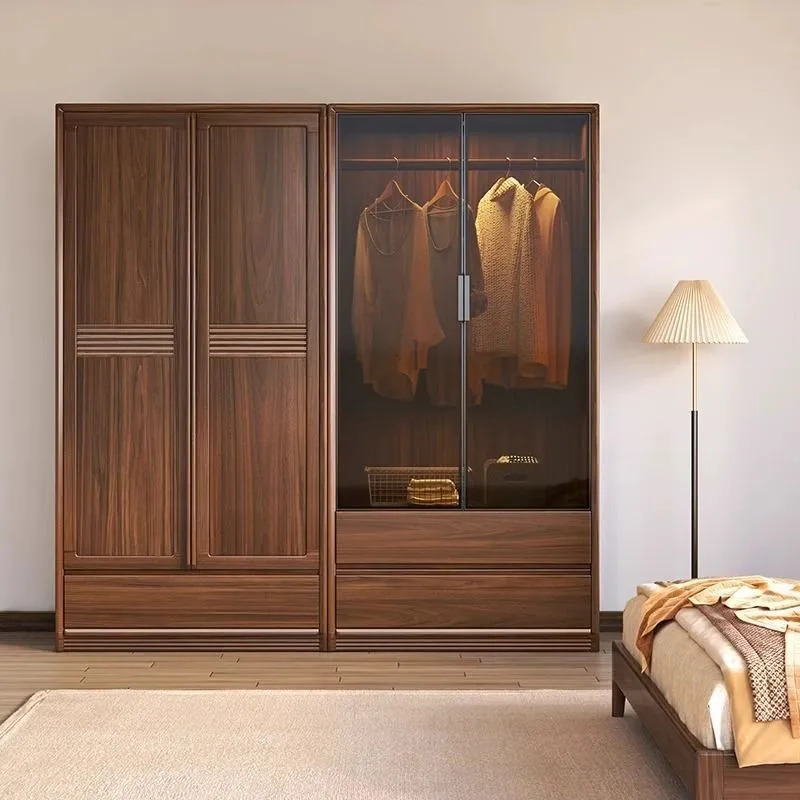 New Chinese Black Walnut Solid Wood Wardrobe Simple Modern Bedroom Storage Home Wardrobe Glass Door Wardrobe Combination