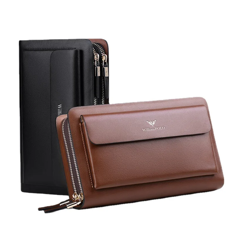 WILLIAMPOLO Brand Men Clutch Bag Fashion Leather Long Purse Double Zipper Business Wallet Black Brown Male Casual Handy Bag