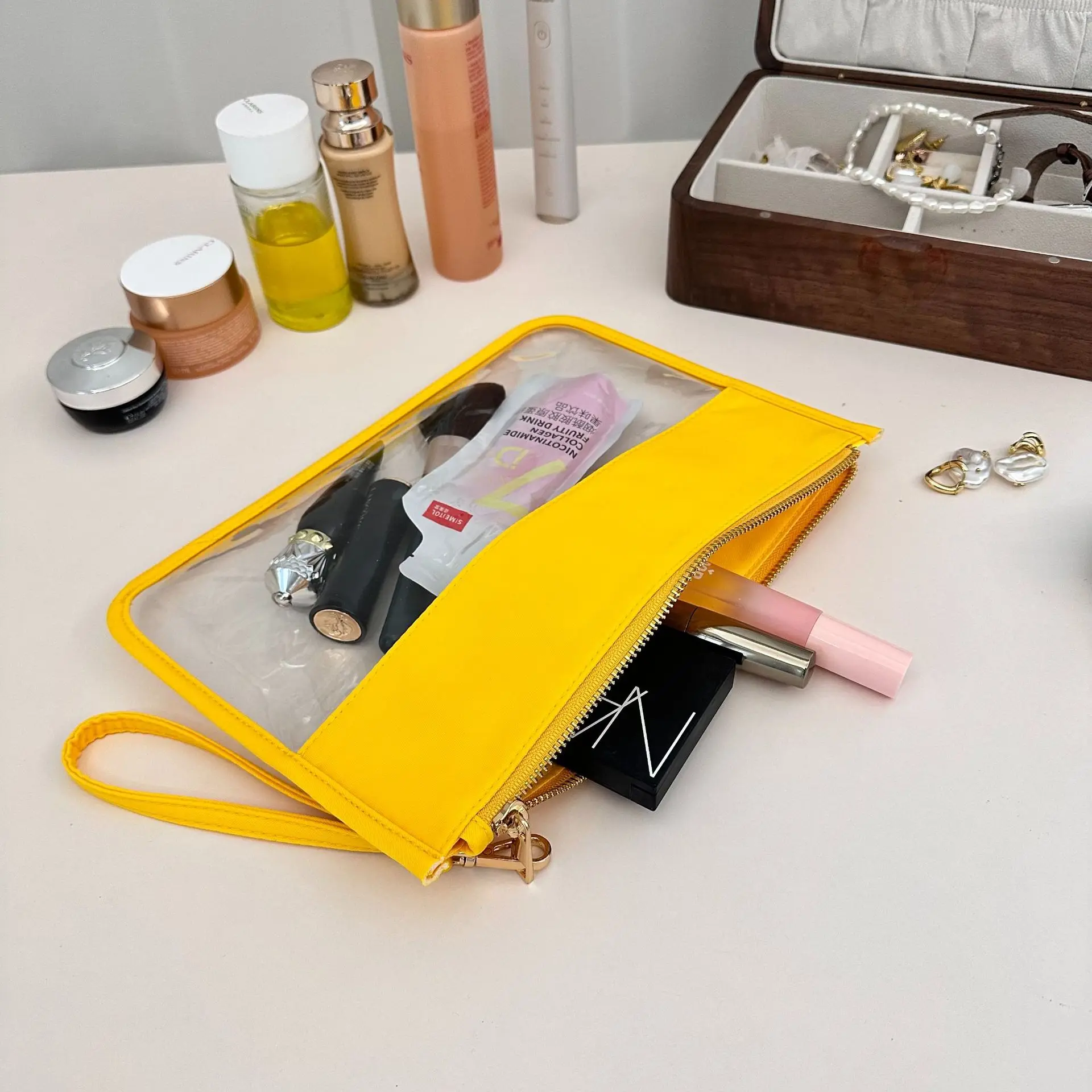 Clear Flat Makeup Bag for Travel Portable Preppy Travel Purse Bag Transparent Cosmetic Zipper Pouch with Handle Strap