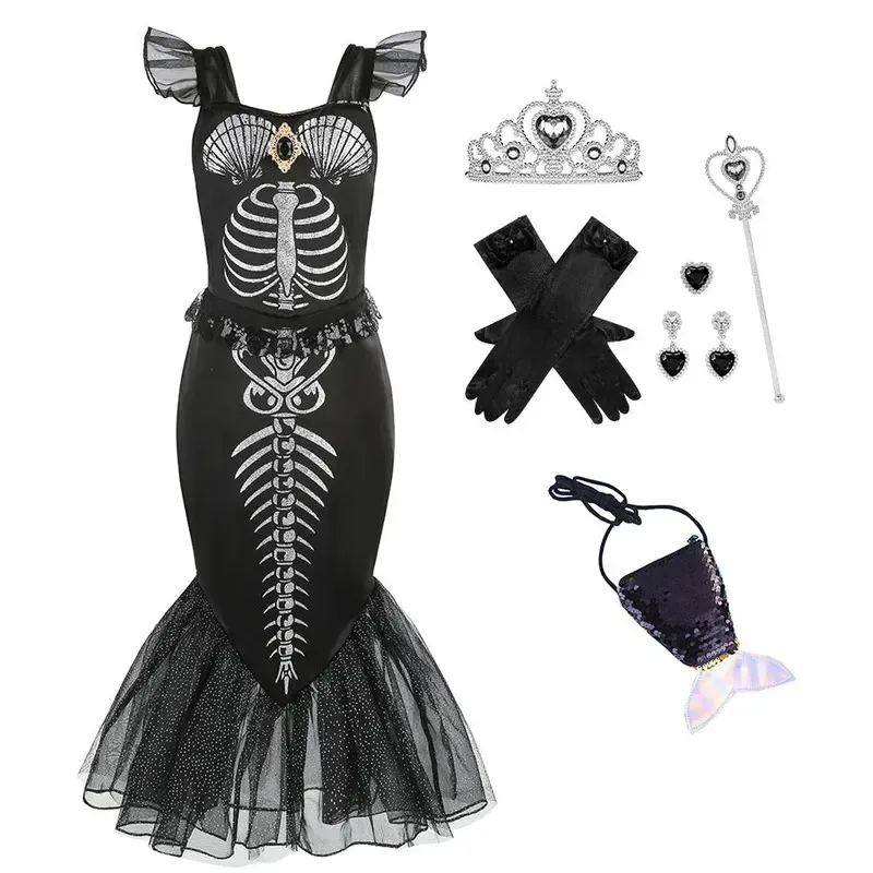 

Kids Halloween Skeleton Mermaid Costume Black Princess Fishtail Dress Scary Zombie Queen Outfits