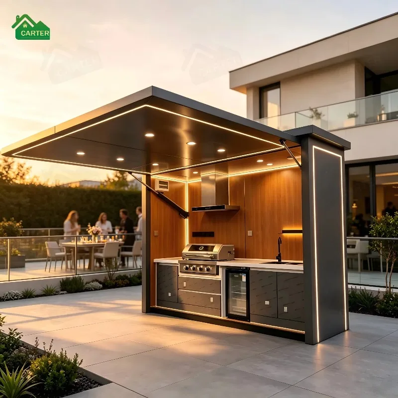 Black Modular Outdoor Kitchen Pod Bbq Gas Grill Kamado Roll Up Outdoor Kitchen Box With Roof Natural Gas