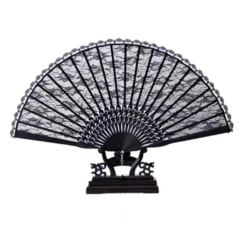 Black Lace Folding Fan Solid Color Portable Summer Cooling Daily Fan for Women Cheongsam Dance Performance Lightweight Gift