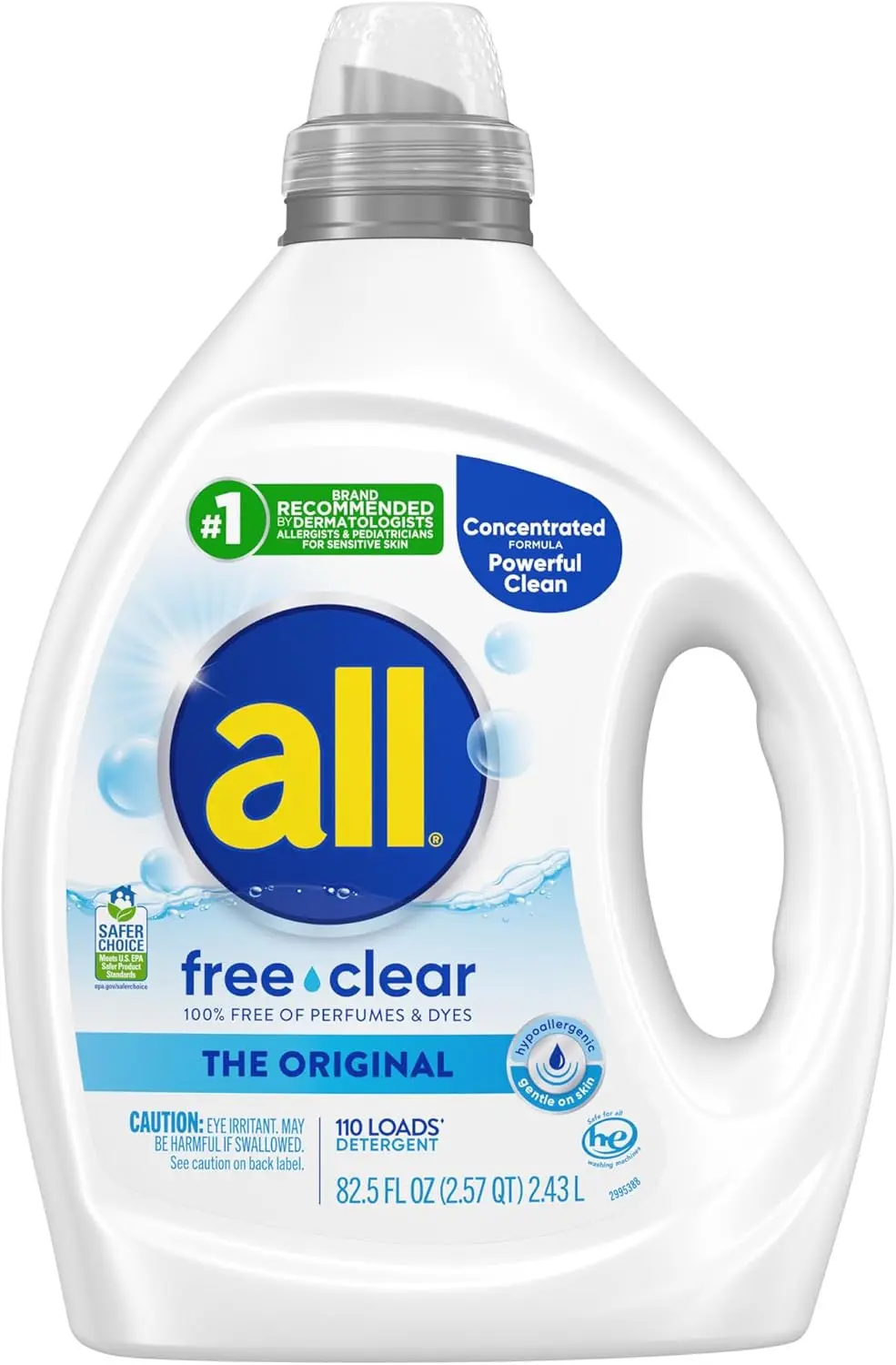 

All Free Clear Original Liquid Laundry Detergent for Sensitive Skin, Unscented Hypoallergenic Concentrated 82.5oz 110 Loads