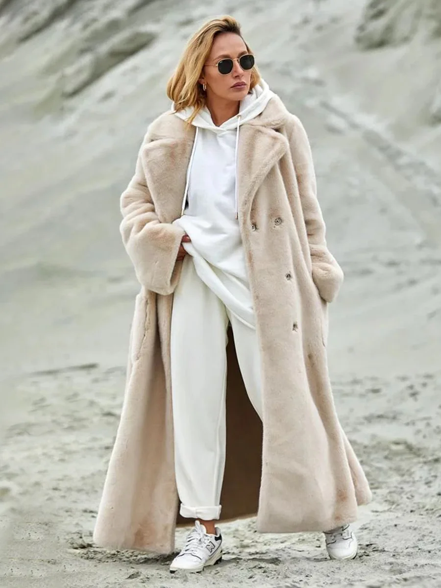 

Bornladies New Autumn Winter Women's Elegant Long Furry Coat Notched Lapel Tie Waist Design Warm Faux Fur Outerwear