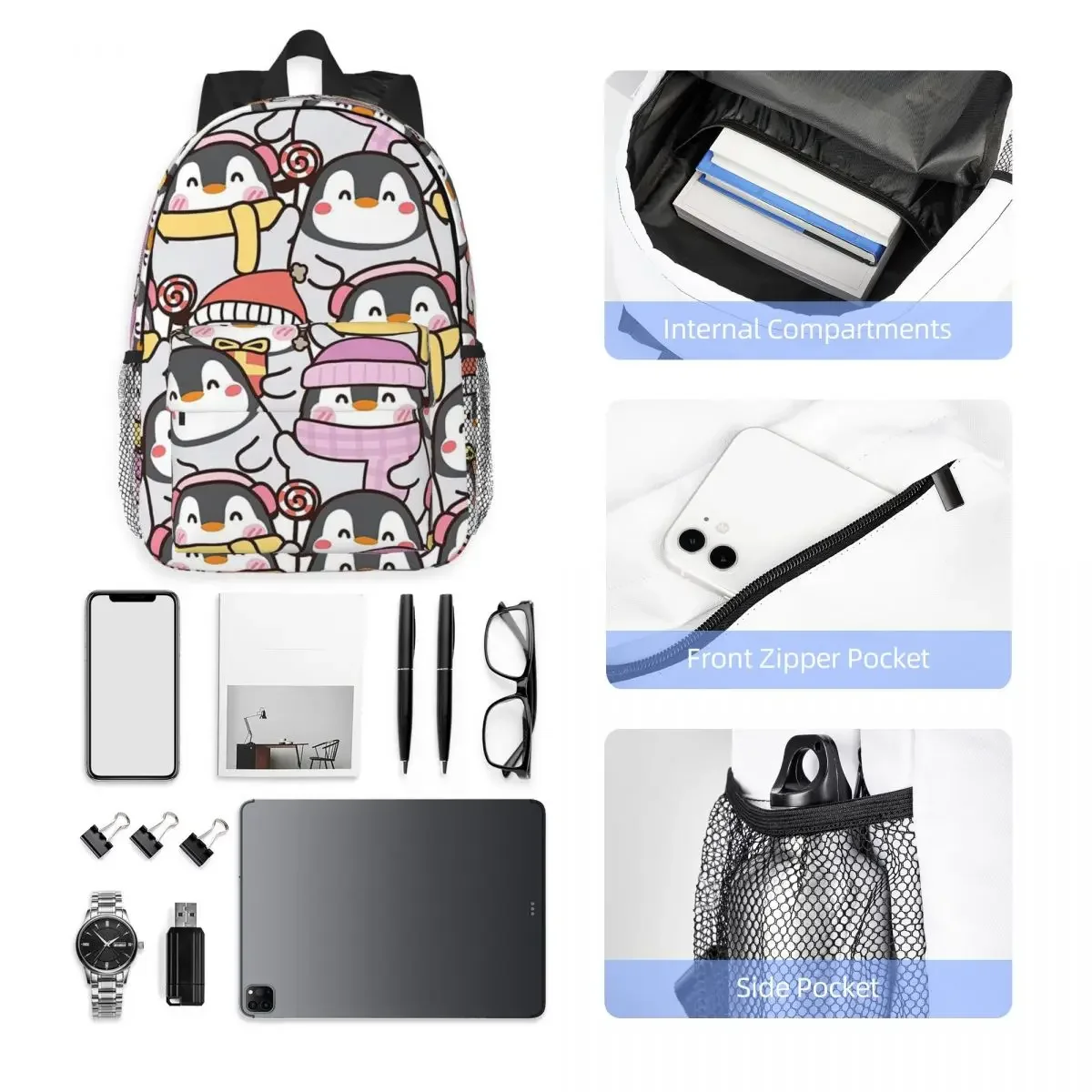 Penguin Cartoon Pattern, Penguin Seamless zaini ragazzi ragazze Bookbag studenti casuali borse da scuola zaino per Laptop borsa a tracolla