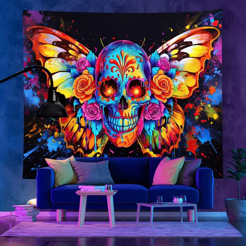 VIKAMA Painted Butterfly Rose Skull Tapestry Wall Decoration Living Room Background Wall Room Decoration Home Decoration