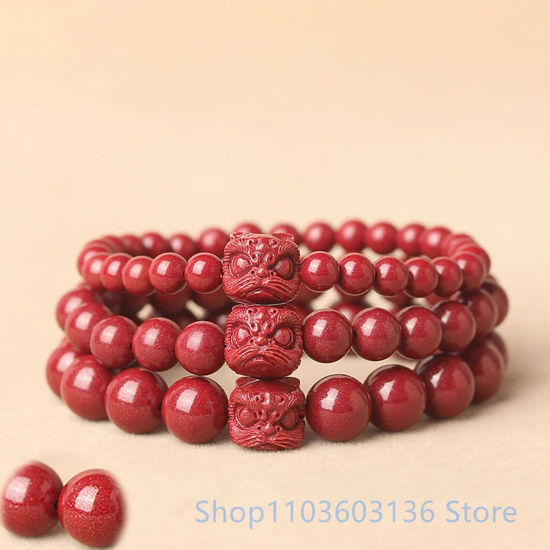 Braccialetto cinabro naturale bracciale intagliato leone per uomo e donna alto contenuto di perline bracciali cinabro rosso viola imperiale