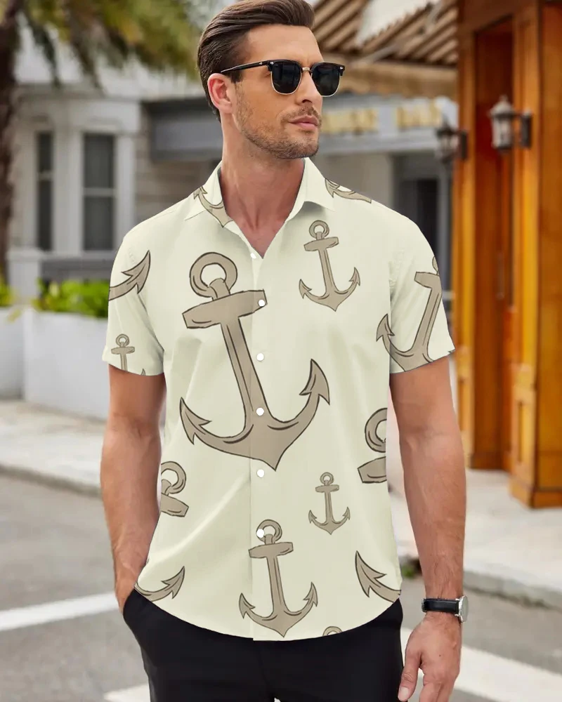 New Men's Holiday Shirt Anchor Print Men's Shirt Hawaiian Style Printed Shirt Button Short Sleeve Summer Beach Shirt