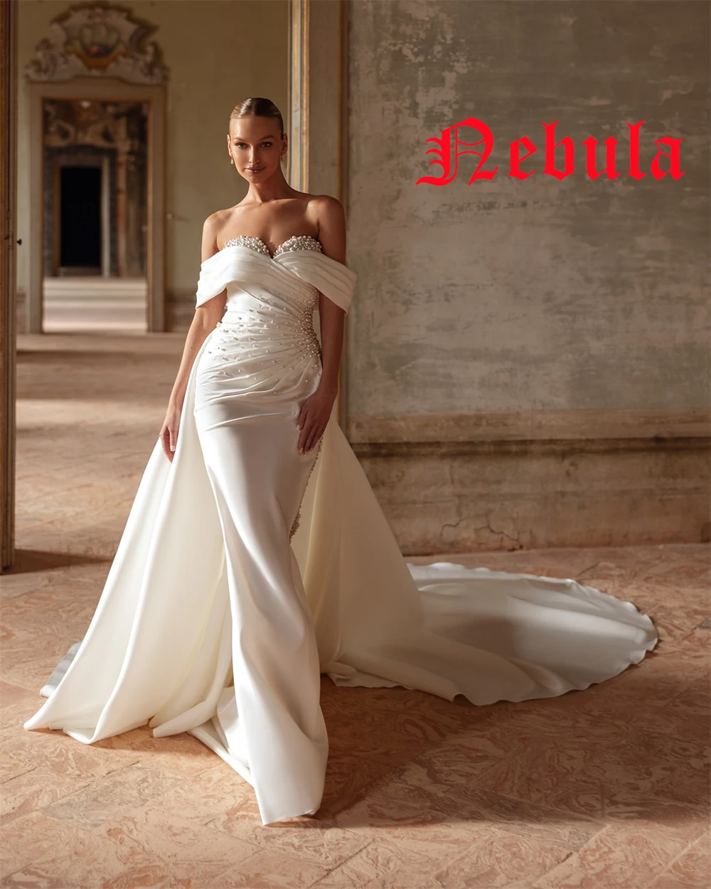 

Customized Elegant Satin Strapless Off the Shoulder Short Sleeves Wedding Dress Exquisite Chapel Train Backless Bridal Gowns