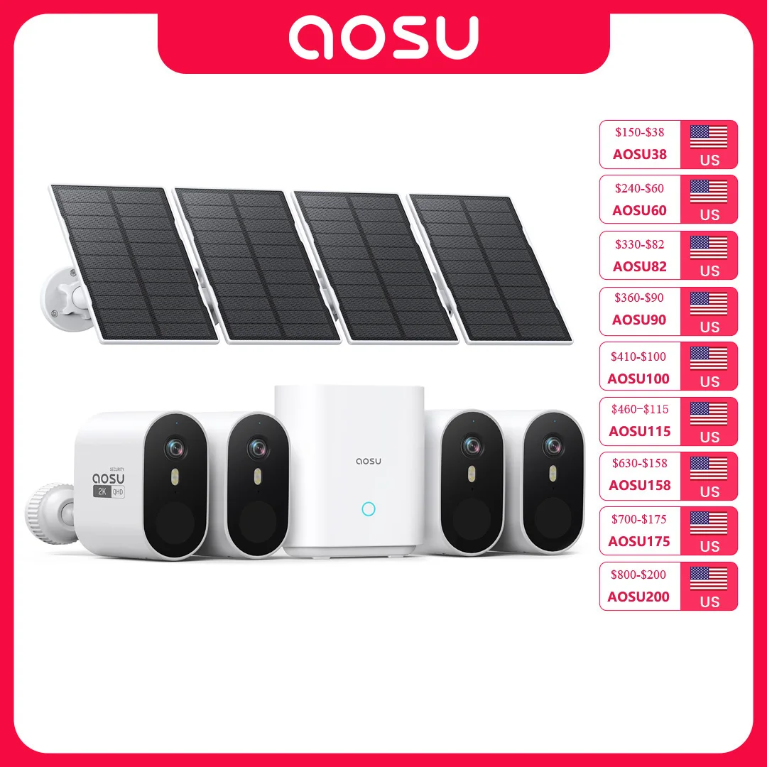 AOSU 3MP WiFi Solar Camera System 4 Cam Kit Outdoor Wireless Home Security Camera Color Night Vision 2-Way Audio CCTV Cam Set