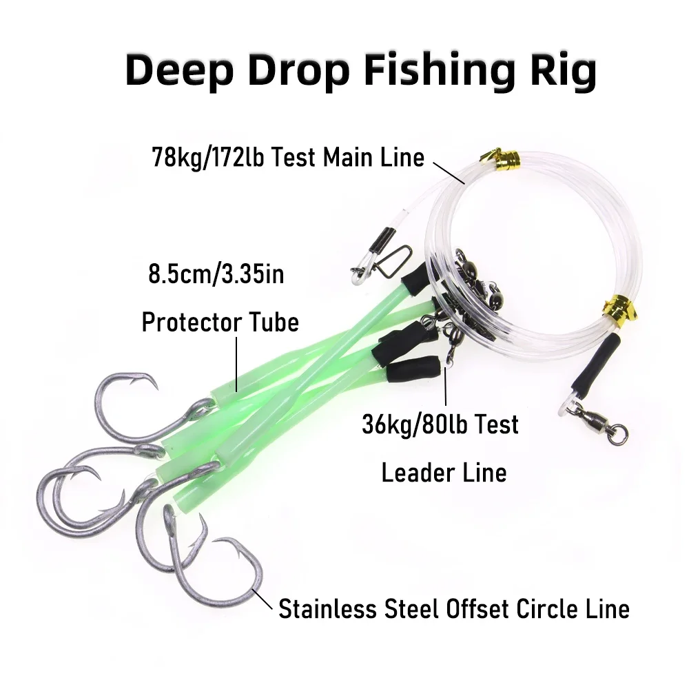 Ellllv Saltwater Fishing 5 Hooks Deep Drop Rig with Luminous Protector Sleeves for Halibut Grouper Snapper Tuna Shark Fishing