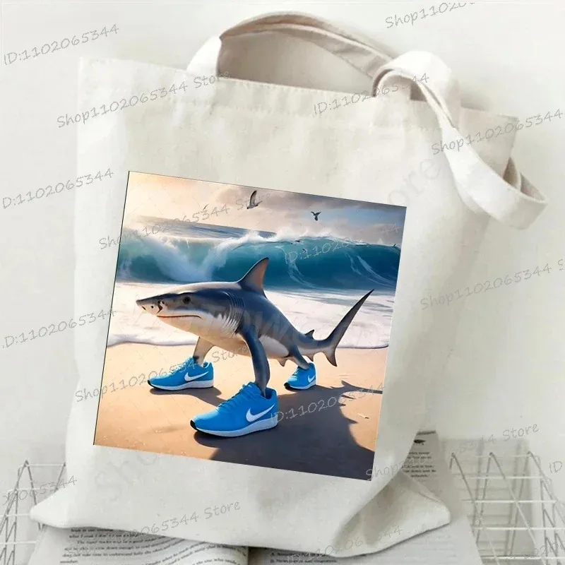 

MINISO funny shark pattern Tote bag Italian Brainrot Animal Canvas Bags Women Men Humour Hippie Trend Shoulder Bag Shopping Bag