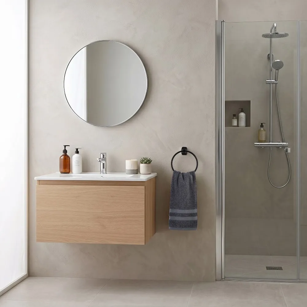 Matte Black Steel Wall Mounted Towel Ring Square Bathroom Towel Holder Modern Home Decor