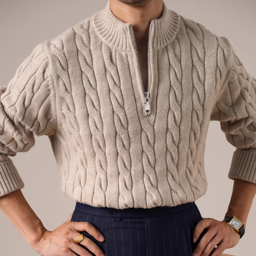 

Half-Zip Sweater For Men Autumn And Winter Thick Warm Cable Knit Pullover Casual Retro Men's Knitted Top Male Sweater Noel Kazak