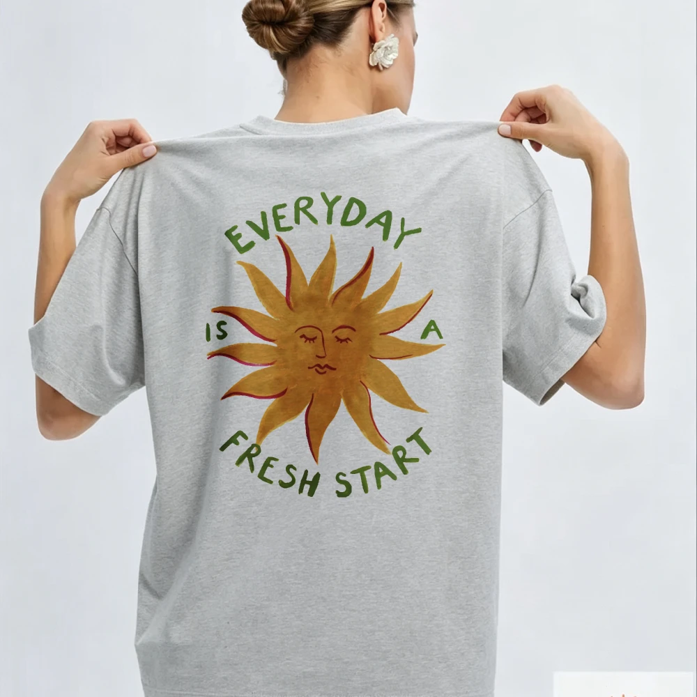 Sun Graphic Crew Neck Short Sleeve T Shirt with Smiling Face and Circular Text Everyday Is A Fresh Start High Quality Cotton Top