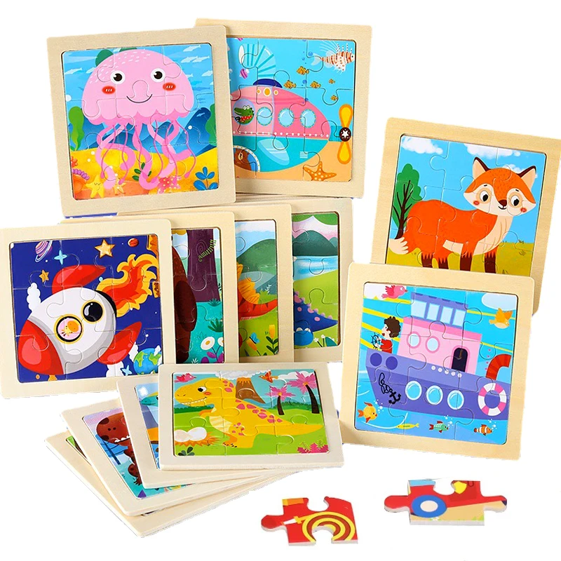 11X11CM Montessori Wooden Puzzle Cartoon Animal Traffic Tangram Wood Puzzle Toys Educational Jigsaw Toys for Children Gifts