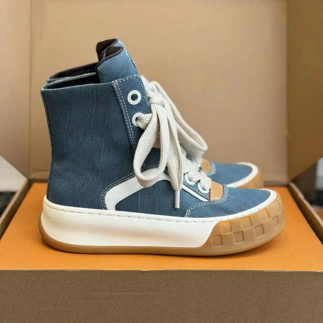 Vintage Washed Denim Canvas High‑Top Skate Shoes Contrast Leather Trim Thick Grid Rubber Outsole Thick Rope Laces Fashion Platform Casual Boots