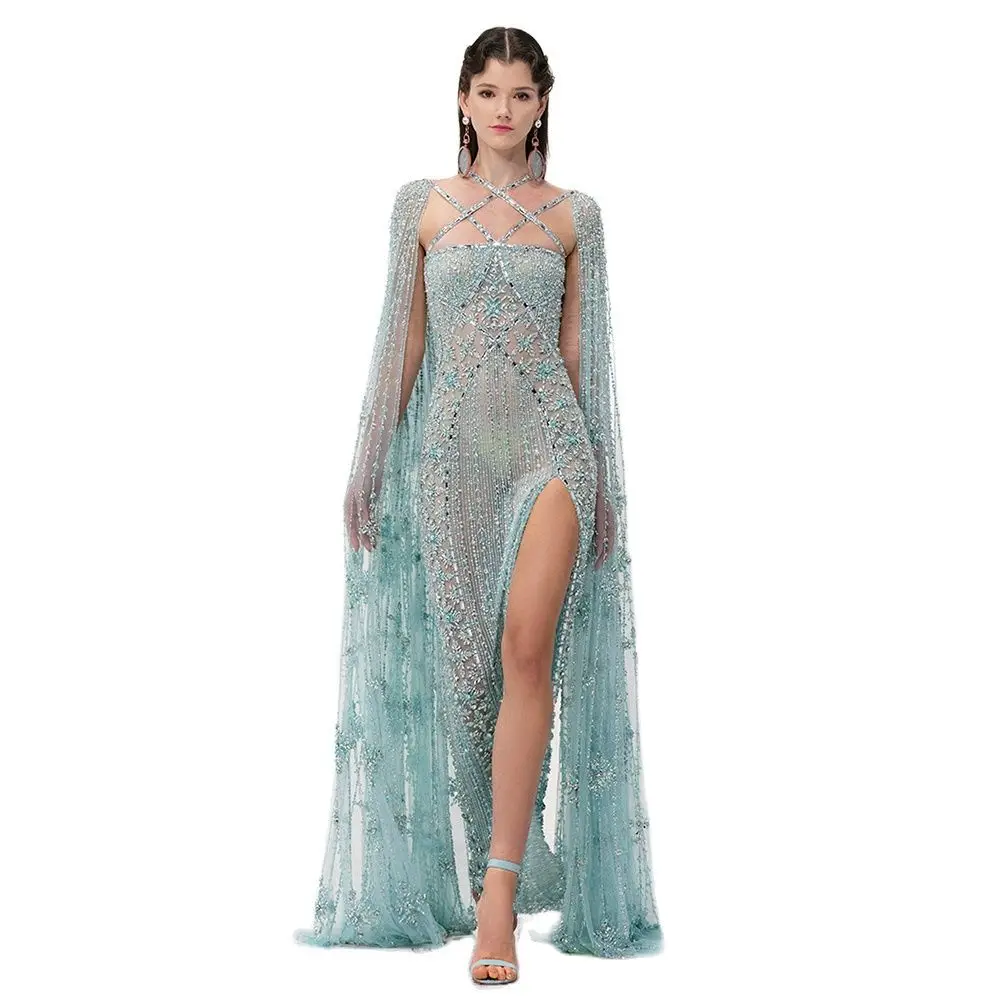 Luxury Heavy Beads Crystal Evening Dress With Cape Sleeves Sexy Criss Cross See-through High Side Slit Prom Dresses فستان سهرة