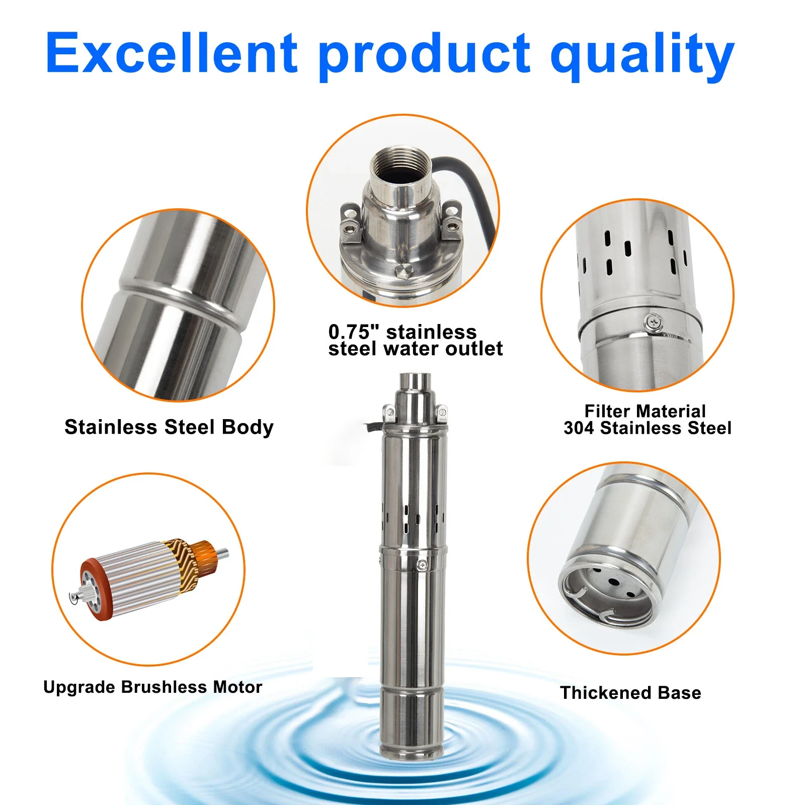 150W 370W 750W Solar Submersible well pump Max Flow 2m³/Hour Built-In MPPT Function Solar Deep Well Pump for Agriculture