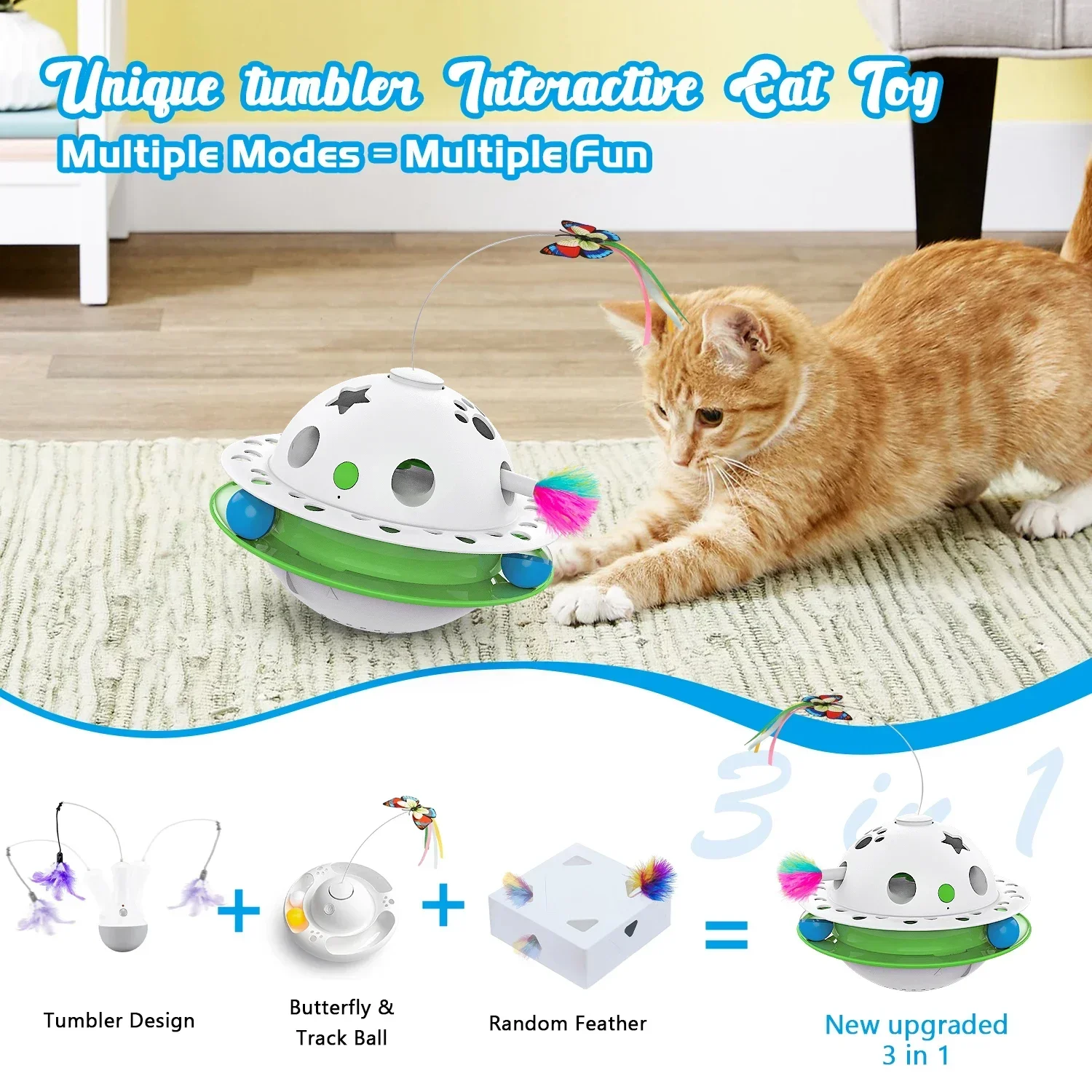 

Smart Cat Toys Ball Tumbler Dual Power Supply Interactive Cat Toy Butterfly Fluttering Random Moving Ambush Feather Track Balls