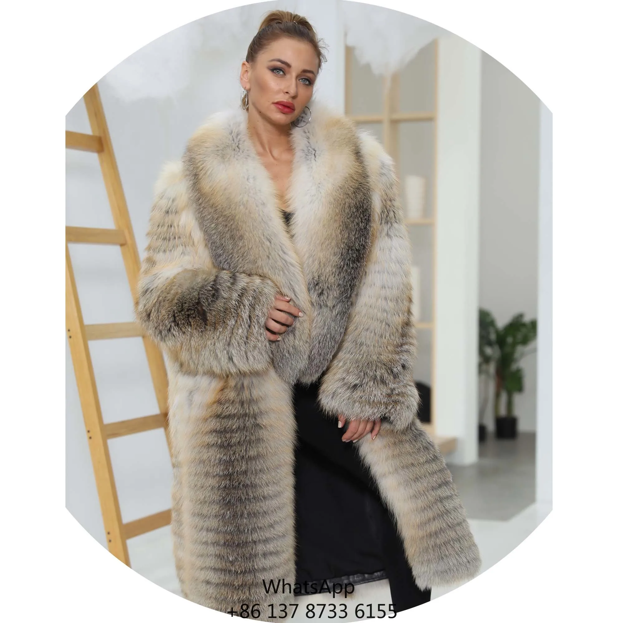 Women Super Luxury Long Length OEM Custom Design Big Fur Collar Saga Golden Fox Fur Coats